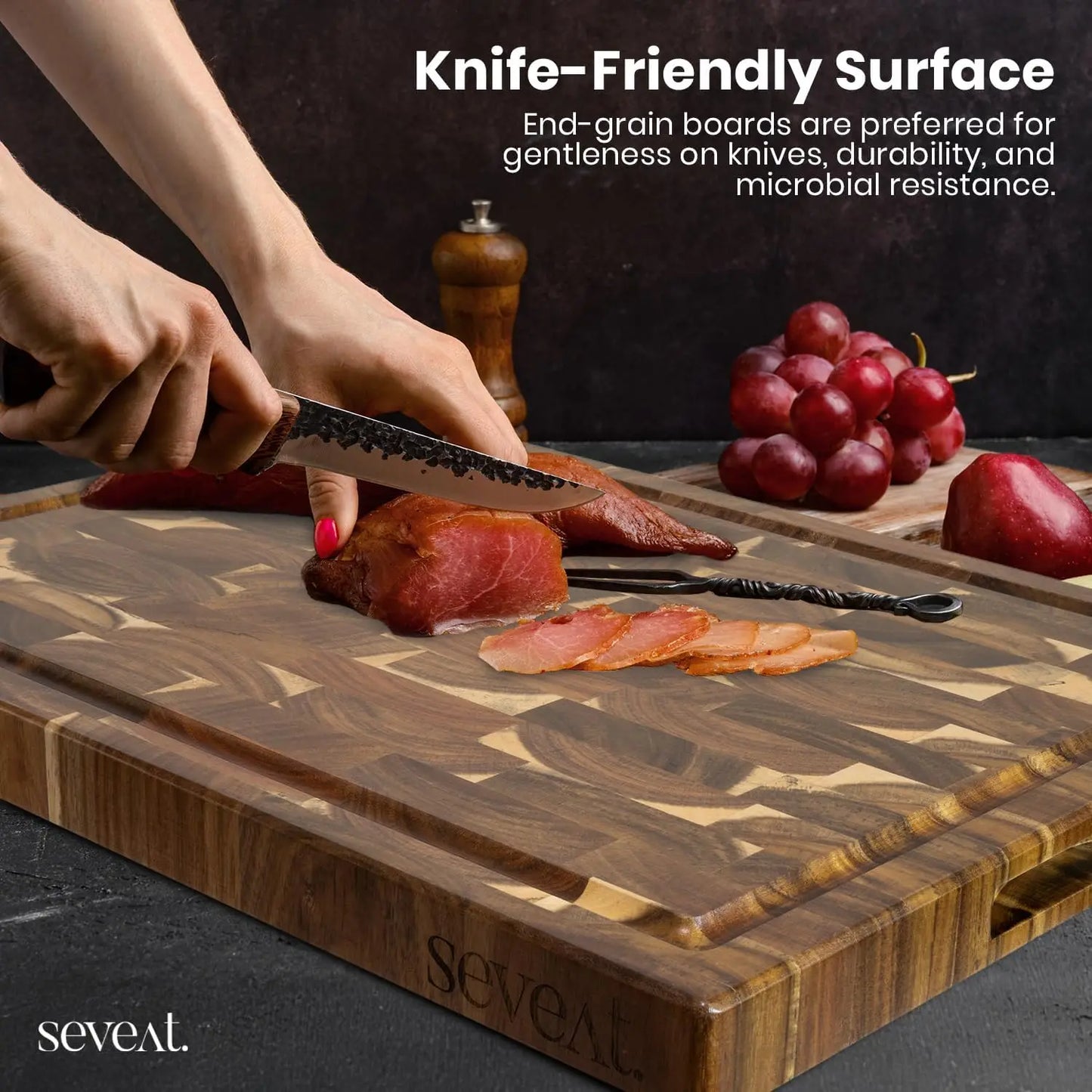 End Grain Cutting Board - Acacia Wood Double-Sided Butcher Block for Kitchen with Juice Groove & 3 Pockets, Durable Wood