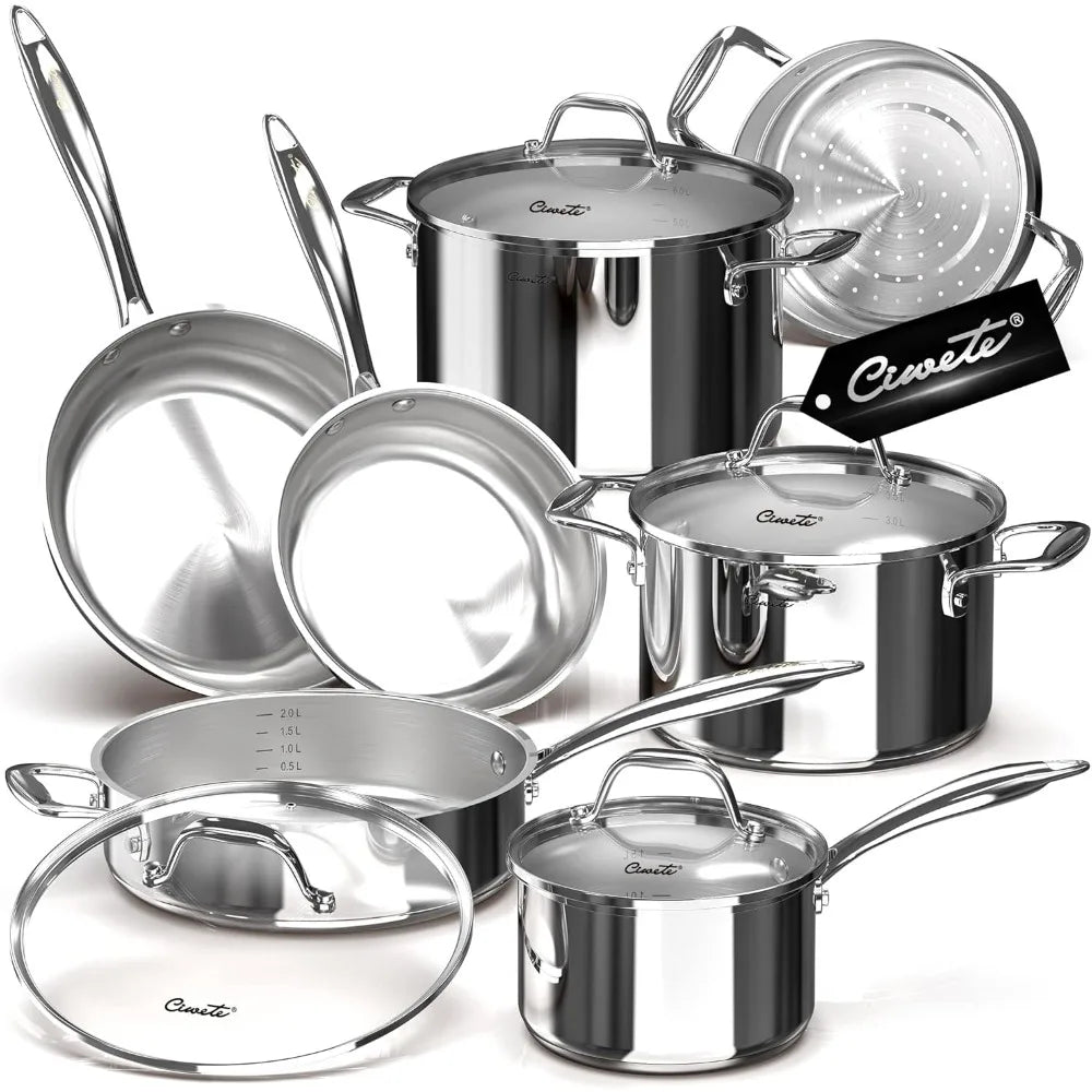 Tri-Ply Stainless Steel Cookware Set 11-Piece Induction Ready Pots Pans with Steamer Insert Oven Safe