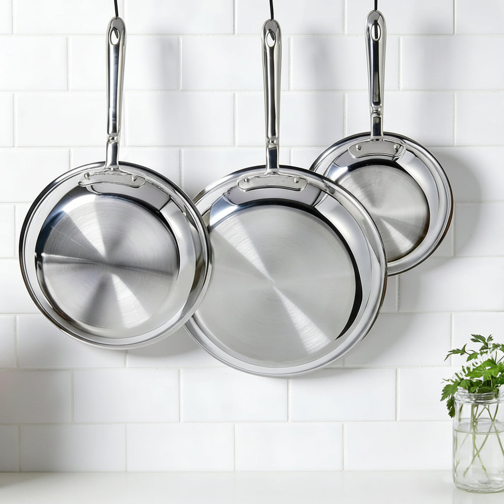 10-Piece eco-friendly three-layer stainless steel cookware set, modern design, with frying pan, soup pan, wok