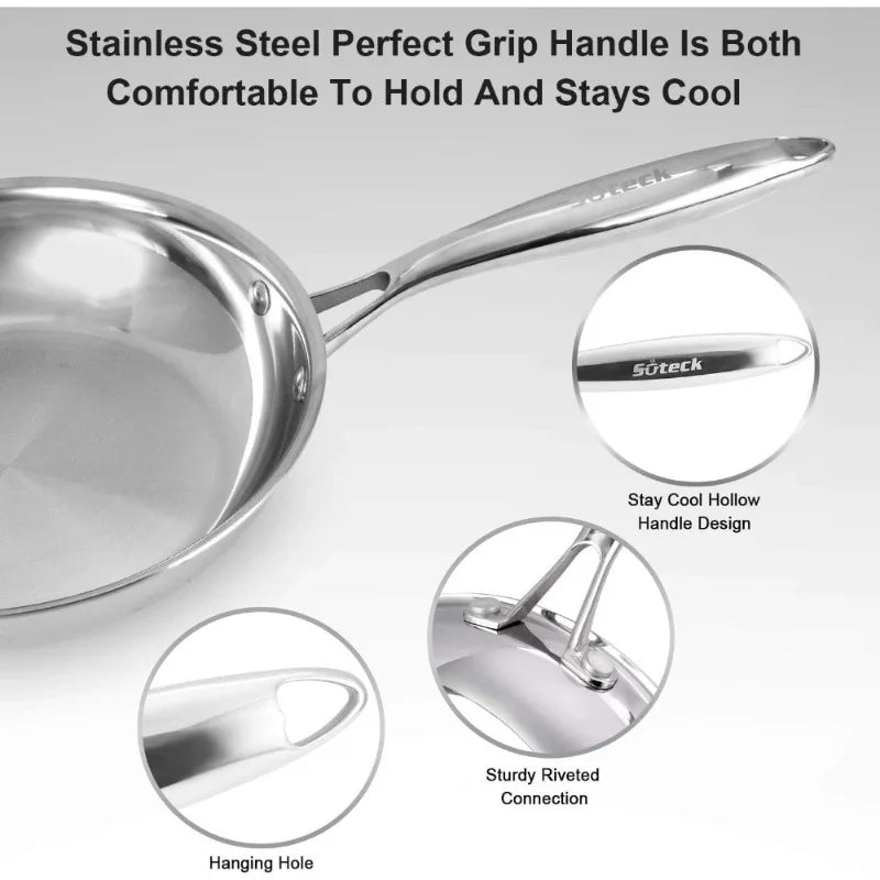 Tri-Ply Stainless Steel Frying Pan Set Nonstick Oven Dishwasher Safe Cookware