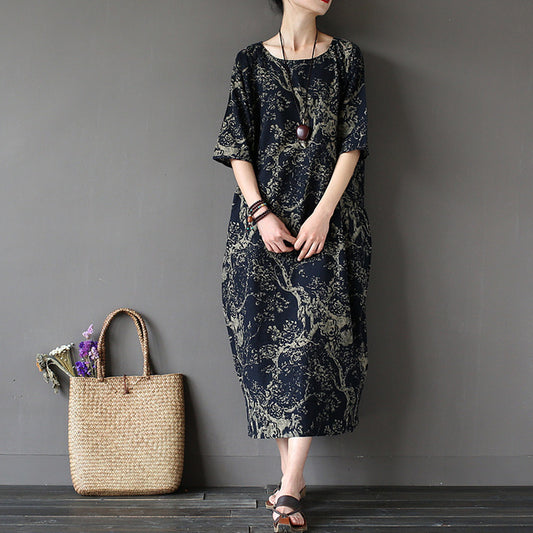Johnature 2024 Summer Cotton Linen Vintage Flower Dress