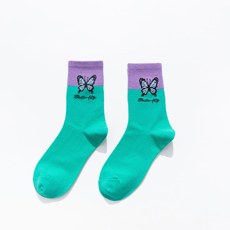 Korean Style Butterfly Color Matching Cotton Socks