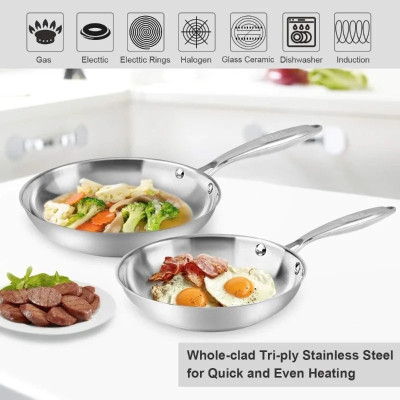 Tri-Ply Stainless Steel Frying Pan Set Nonstick Oven Dishwasher Safe Cookware