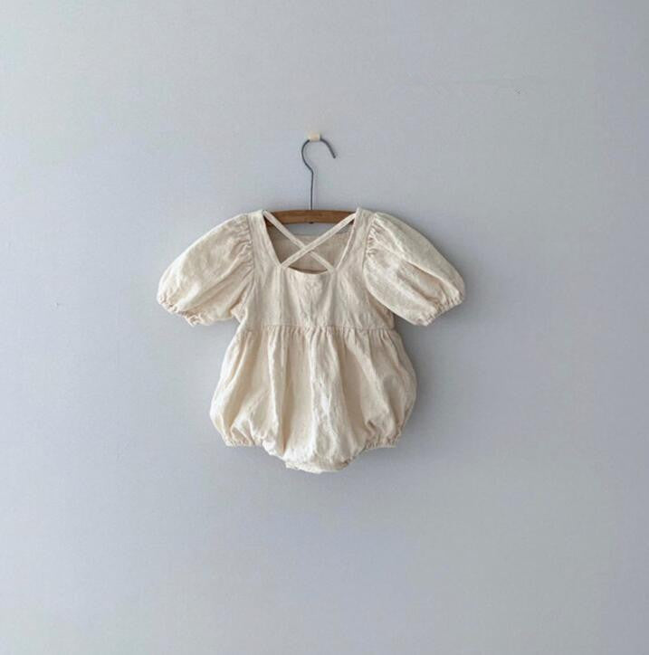 Cotton Linen Short-Sleeved Back Cross Romper